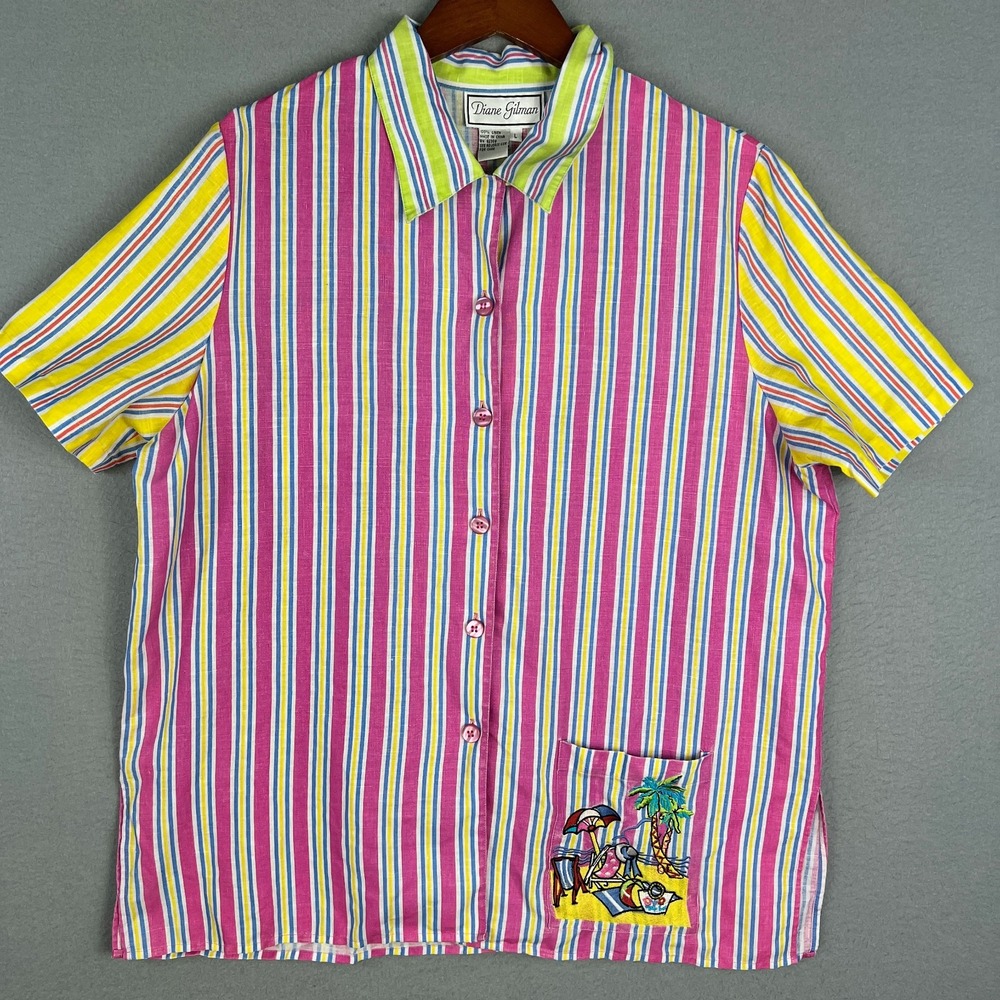 Diane Gilman Shirt Womens L 100% Linen Beach Embroidered Pocket Striped Resort